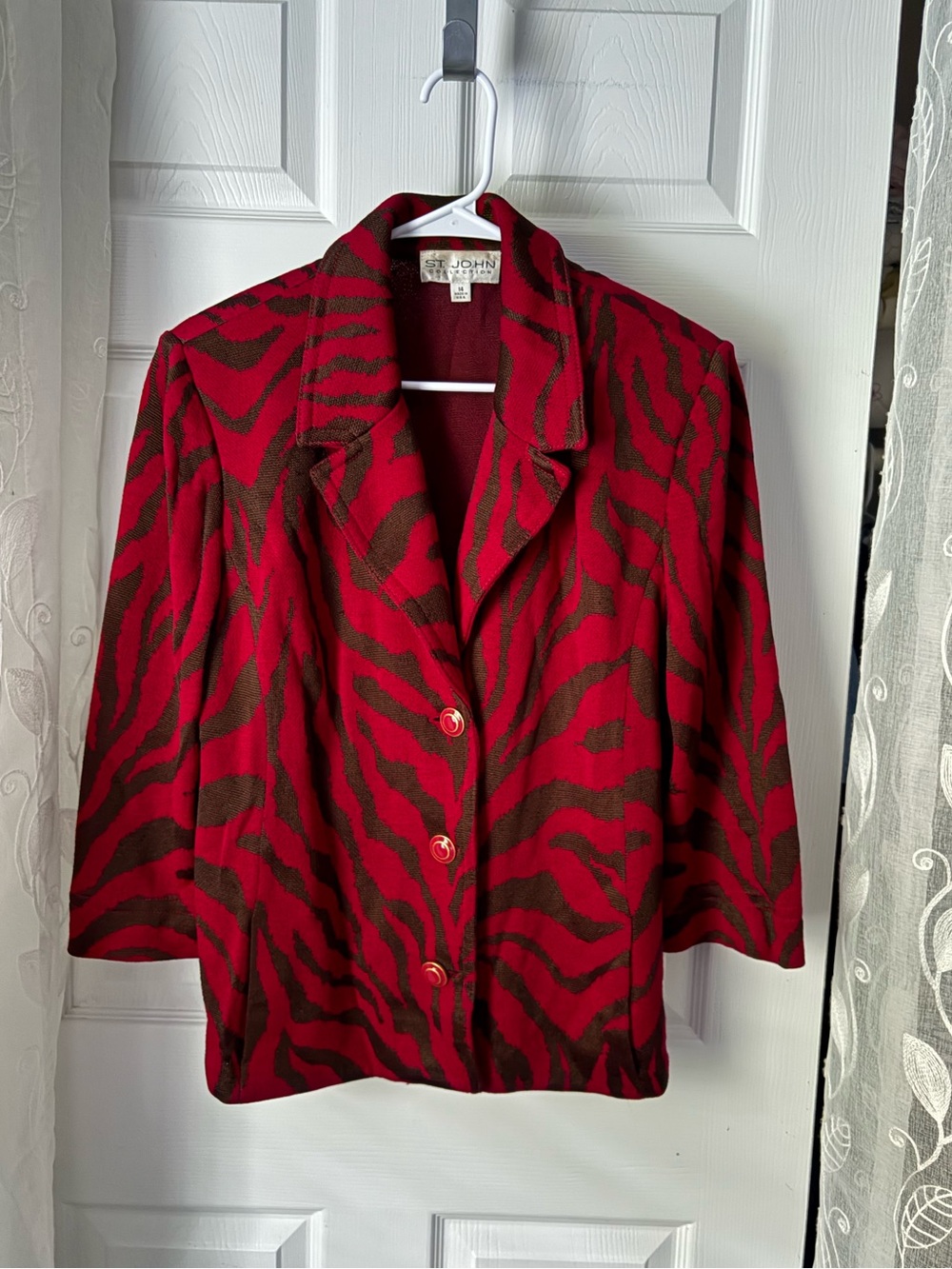 St. John vintage Animal-Print knit Blazer jacket pocket button front women sz 14